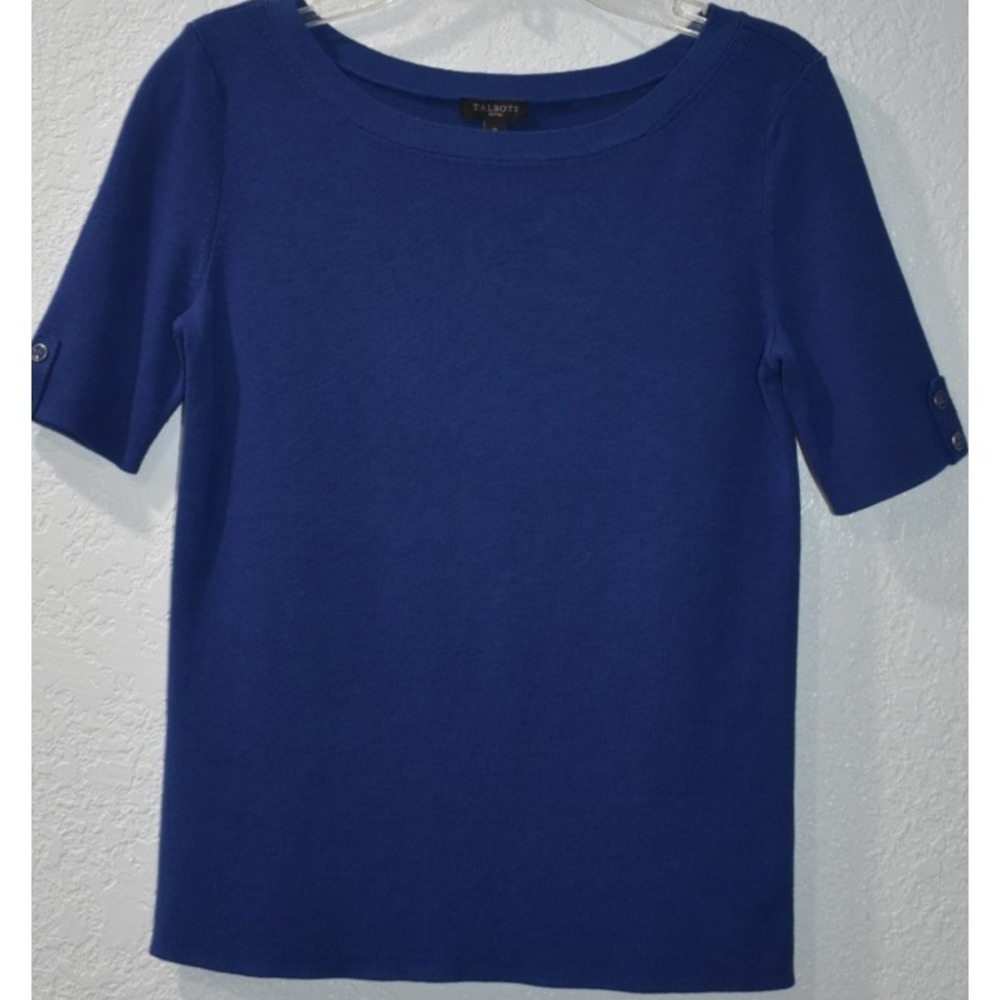 Talbots P Sweater Short Sleeve Button Detail Solid Round Neck Fine Knit Pullover